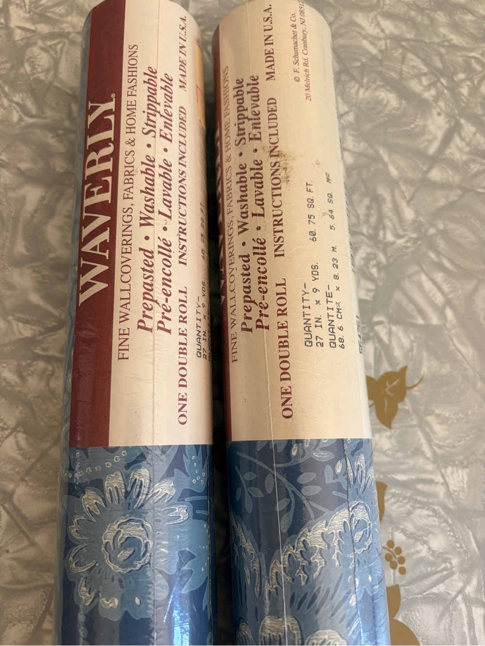 2 rolls vintage Waverly Blue and Cream Floral Wallpaper Rolls.